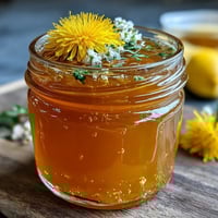Vibrant dandelion jelly with lemon and honey, glistening in sunlight on a rustic table.