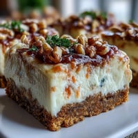Creamy carrot cake cheesecake bars with marbled layers of spiced cake and smooth vanilla cheesecake, topped with crunchy nuts.