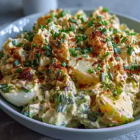 Classic Deviled Egg Potato Salad with creamy dressing and chopped eggs, garnished with smoked paprika and chives.