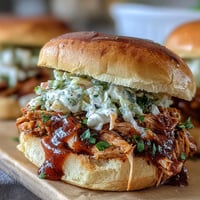Juicy pulled BBQ chicken piled high on soft brioche buns with crunchy coleslaw.  