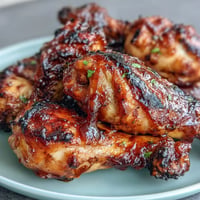 Juicy BBQ chicken drumsticks with a sticky, spicy peach glaze, grilled perfection.