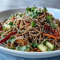 Cold soba noodle salad with sesame ginger, a chilled vibrant dish.