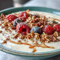 Creamy skyr protein smoothie bowl topped with vibrant berries and crunchy granola.